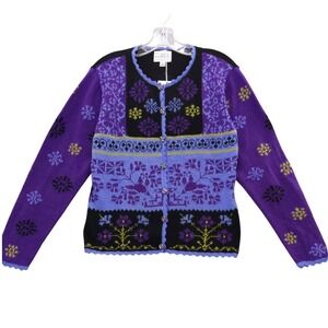 Alpaca Imports Cardigan Sweater Purple Black Floral Button Down Sz M NWT